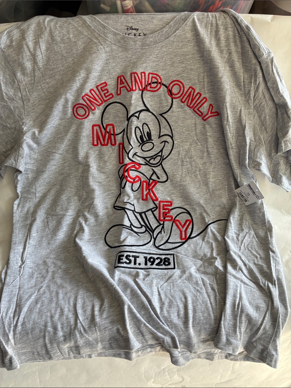 Disney Mickey Mouse Red Embroidered Graphic Tee Gray XXL 2XL NWT